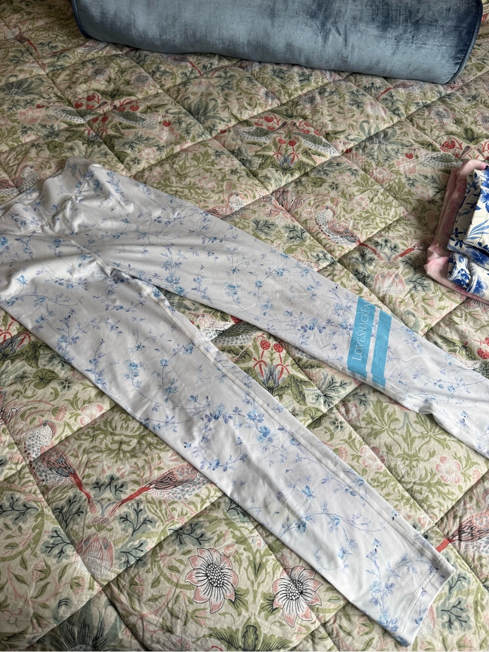LoveShackFancy White Leggings with Light Blue Floral Print